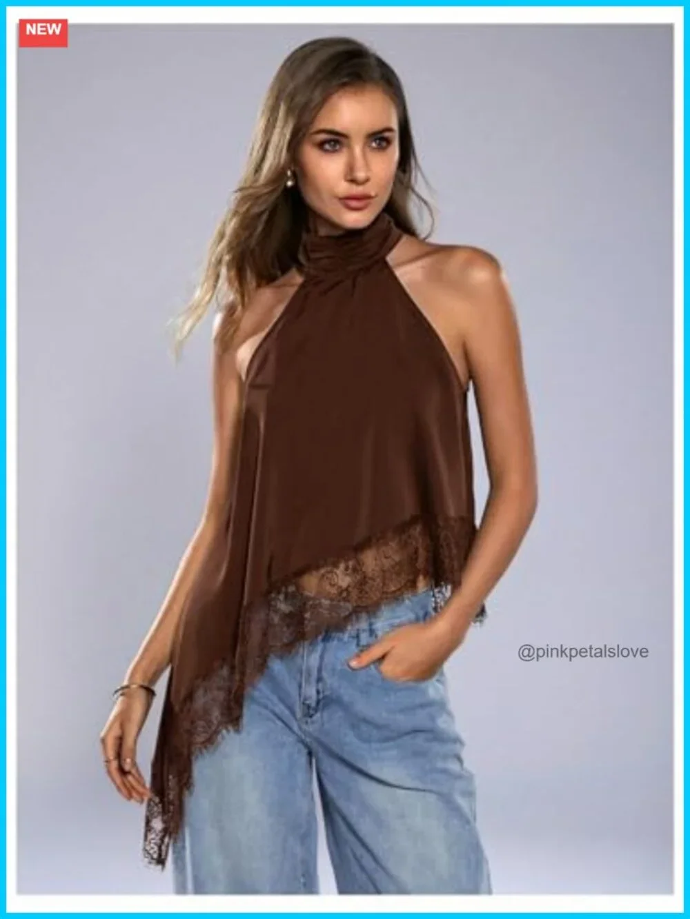 Halter Neck Sleeveless Lace Asymmetrical Hem Tank Top